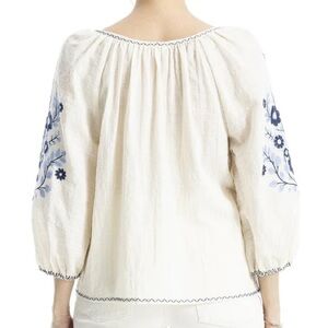 Max Studio White Peasant Blouse with Blue Embroidered Balloon Sleeves